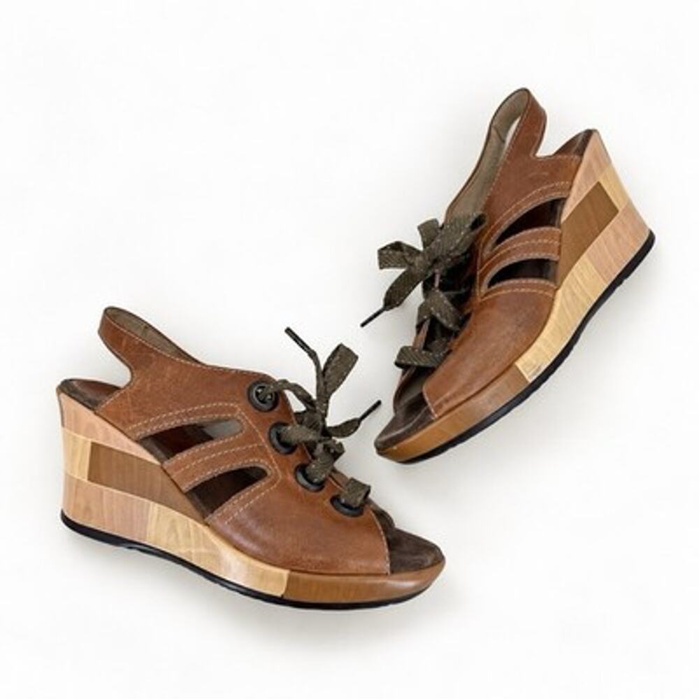 Wolky Gloriosa Sandals Brown Cognac Leather Womens 39 Lace Up Slingback Wedge